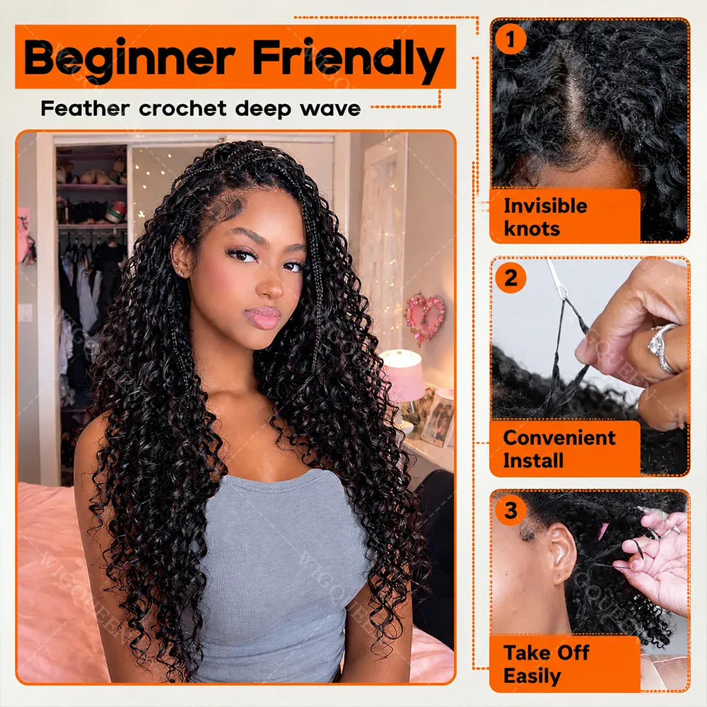 15A Small Spirals Curly Miracle Knots Feather Crochet Human Hair For Boho Braiding Invisible Knot PreSeparated Knotless Kinky Curly Crochet Human Hair Extensions Reusable Pre Looped Natural Black Crochet Bundles With String B