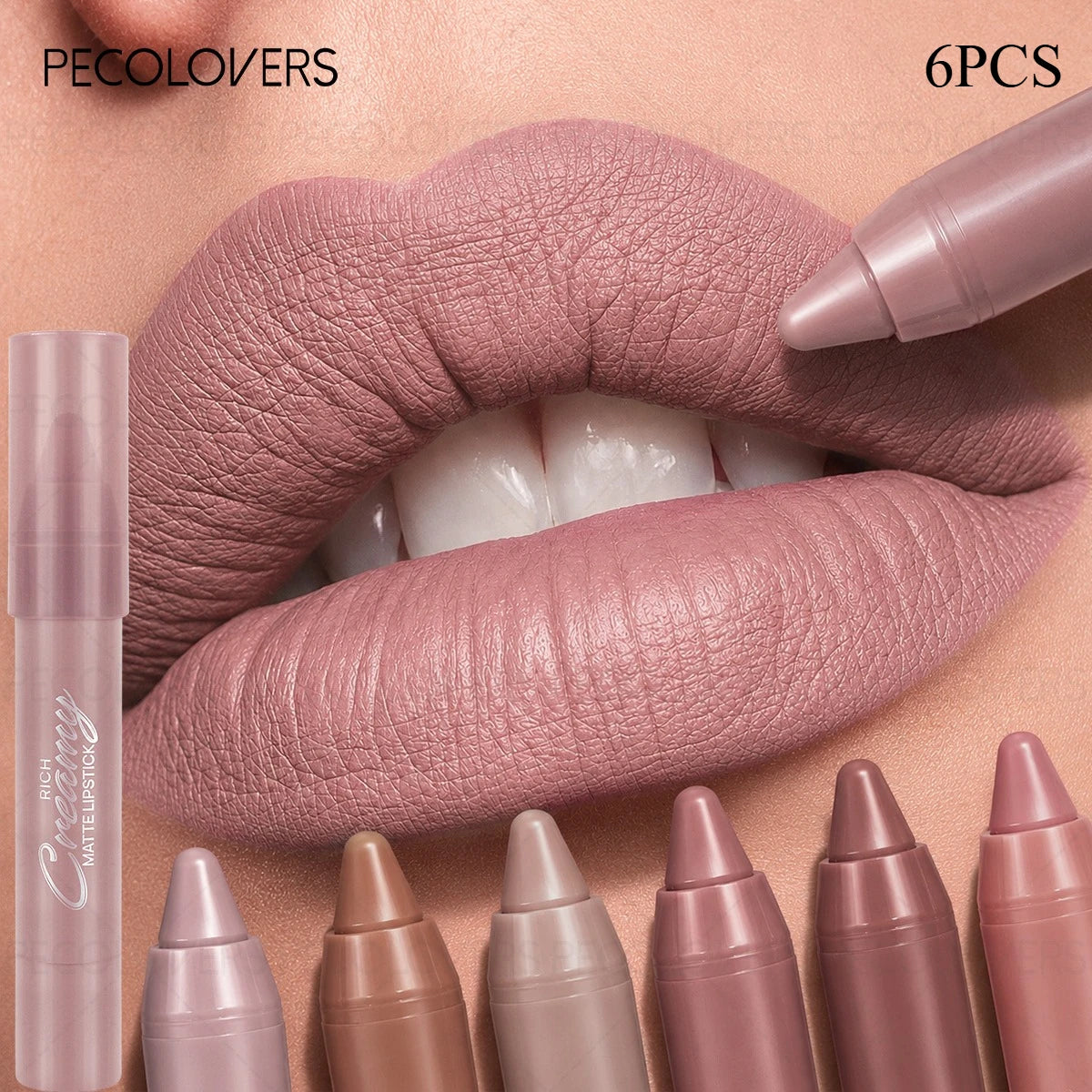 Six velvet matte lip crayons from HSF Marketplace in neutral shades, waterproof, fade-resistant, compact packaging for everyday makeup.