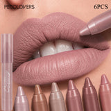 Six velvet matte lip crayons from HSF Marketplace in neutral shades, waterproof, fade-resistant, compact packaging for everyday makeup.