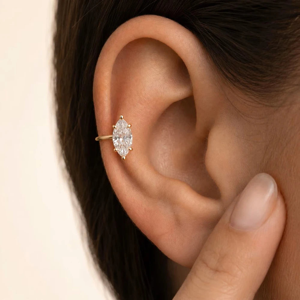 1 carat marquise cut solitaire moissanite open ear cuff in S925 silver, no-piercing design for women