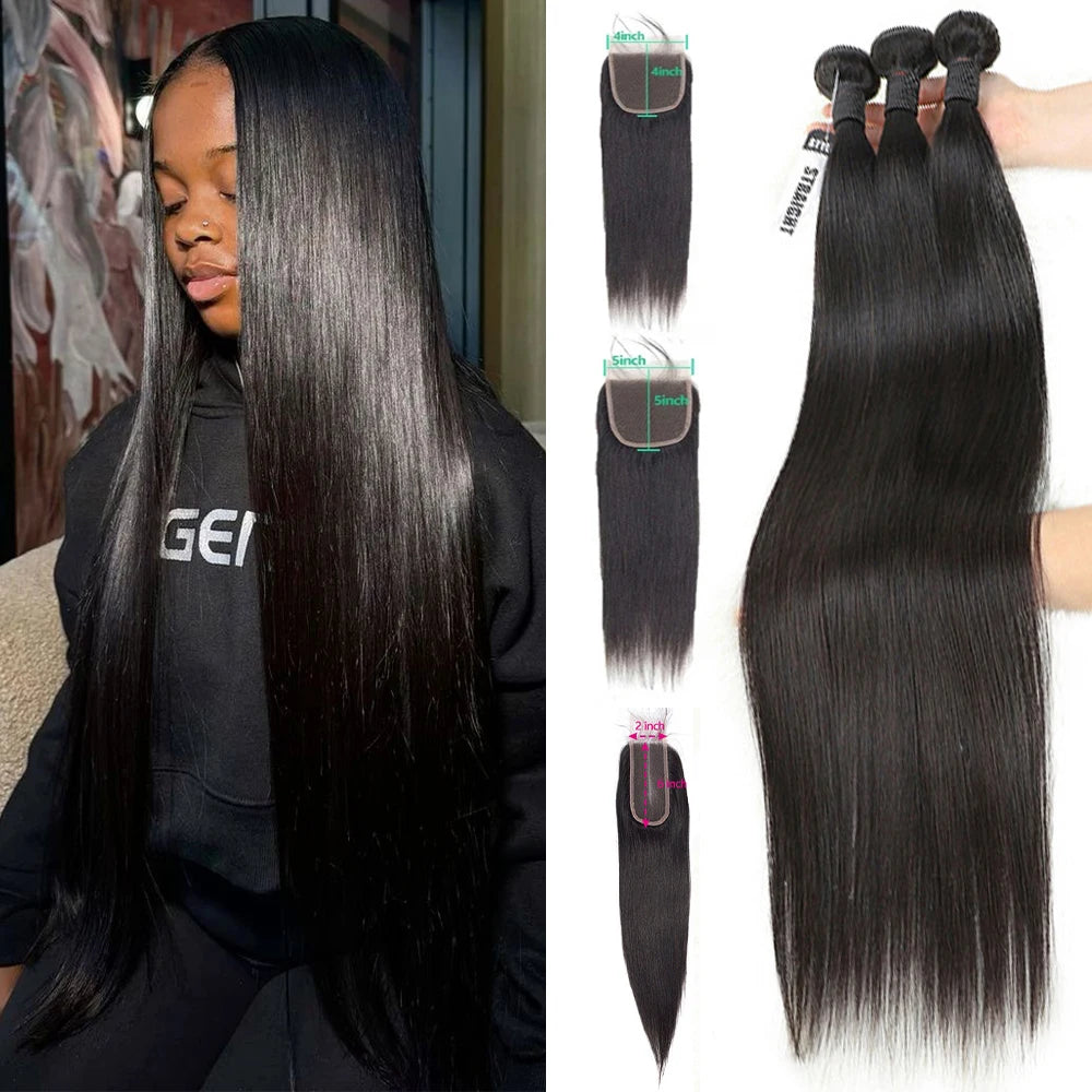 Straight Human Hair Bundles With A Closure Human Hair 24 Inch Transaprent Lace 4x4 5x5 2x6 Hd Lace Closure 3-5 Workdays Delivery