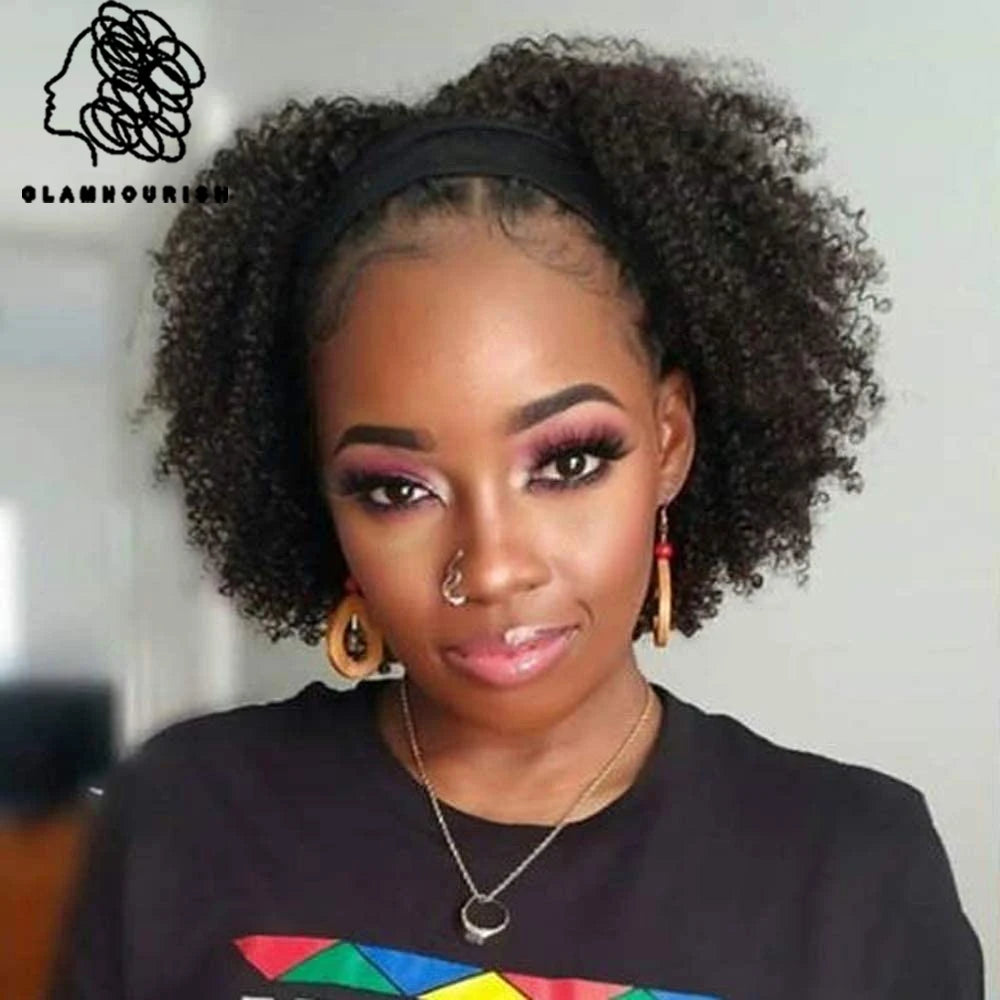 Afro kinky curly Brazilian human hair headband wig, 200% density, glueless afro curl Remy hair wig