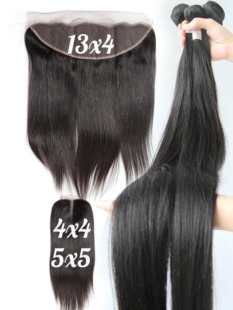 Brazilian Human Hair Bundles With Closure Straight Raw 3 4 Bundles With 4x4 5x5 HD Lace Closure Virgin Weave With 13x4 Frontal