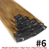 120g 8-piece straight clip-in Brazilian human hair extensions in natural black, full head set