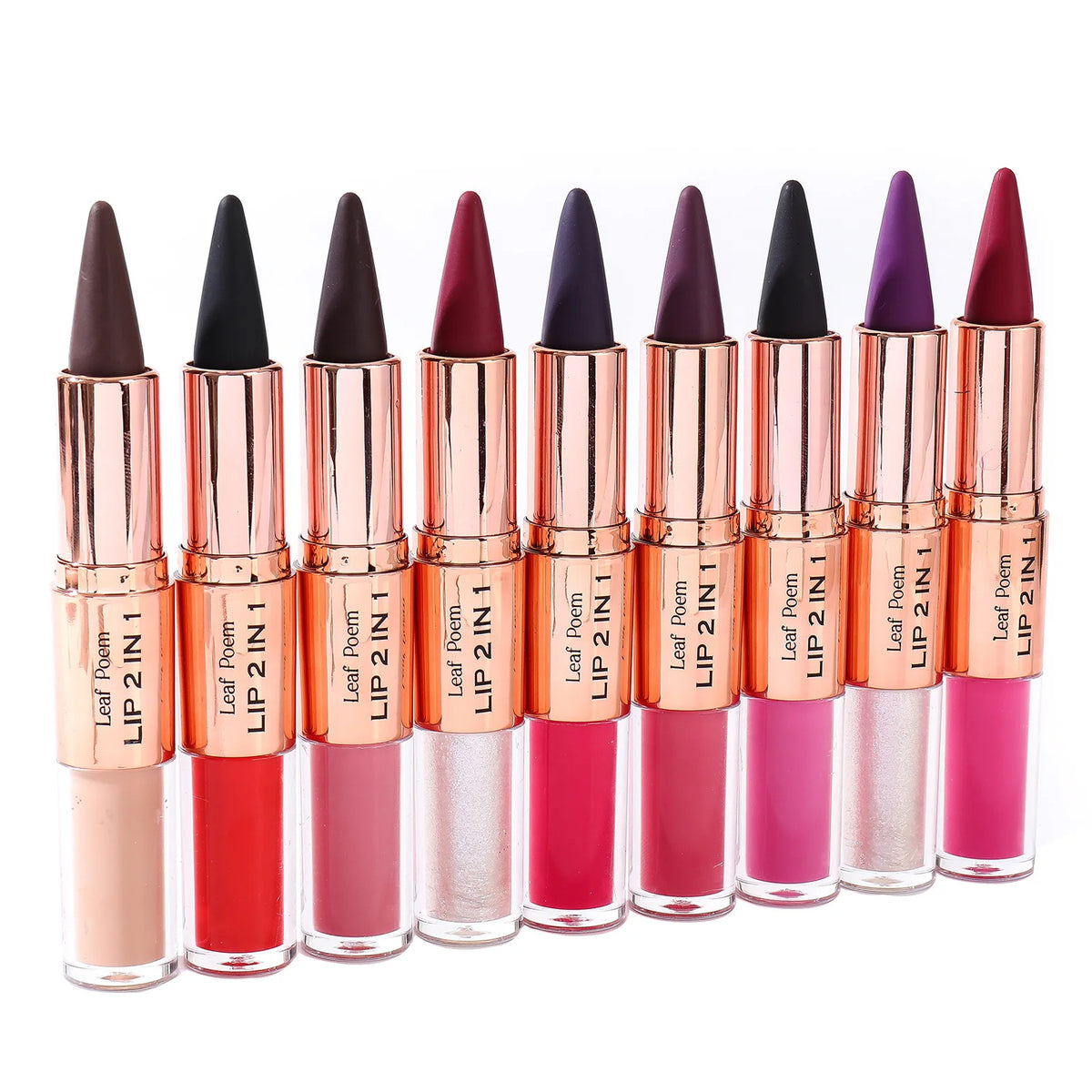 Red and black waterproof lipstick and lipliner set with purple rose design, featuring double-head matte lip gloss and contour pencil.