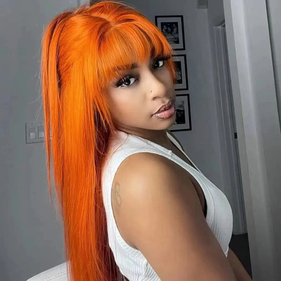 180D 8-28" ginger straight human hair wig with bangs, full machine-made wig for women in burgundy orange tones