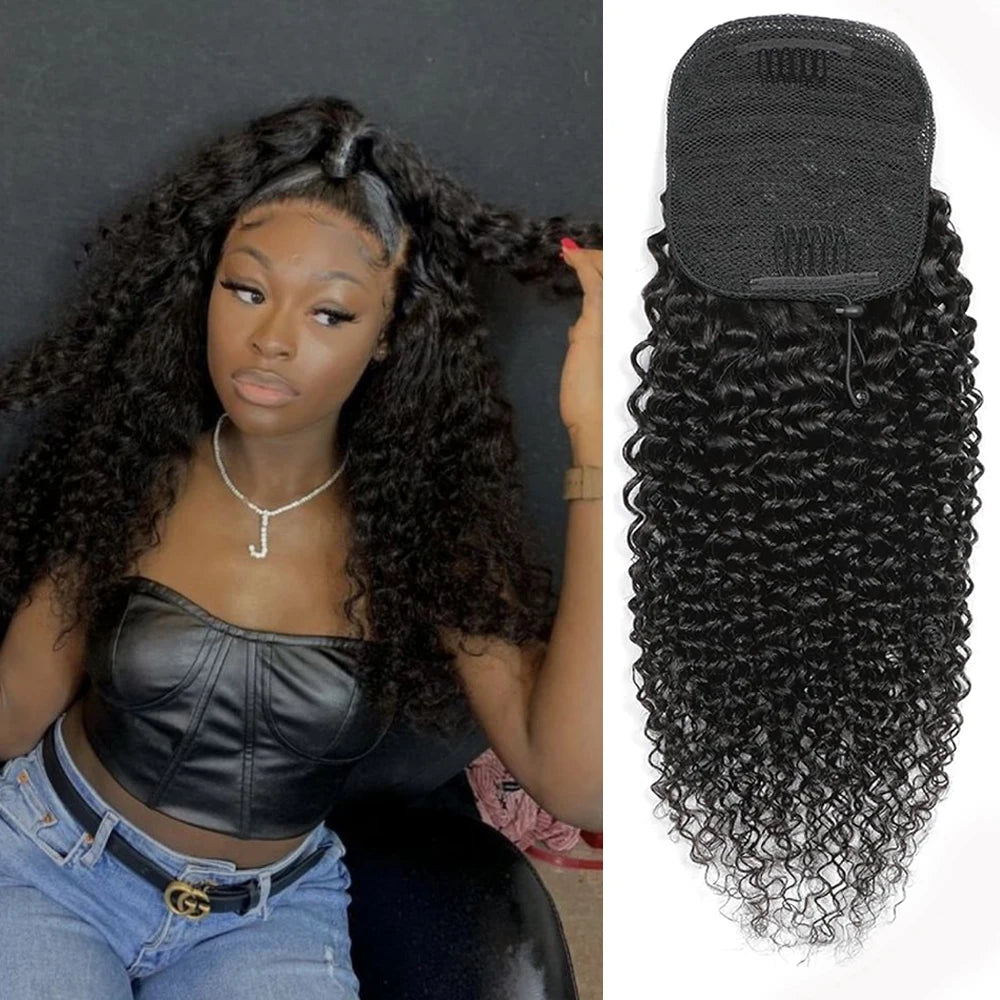 Kinky curly human hair drawstring ponytail extensions in natural black for women, 3B 3C curl pattern