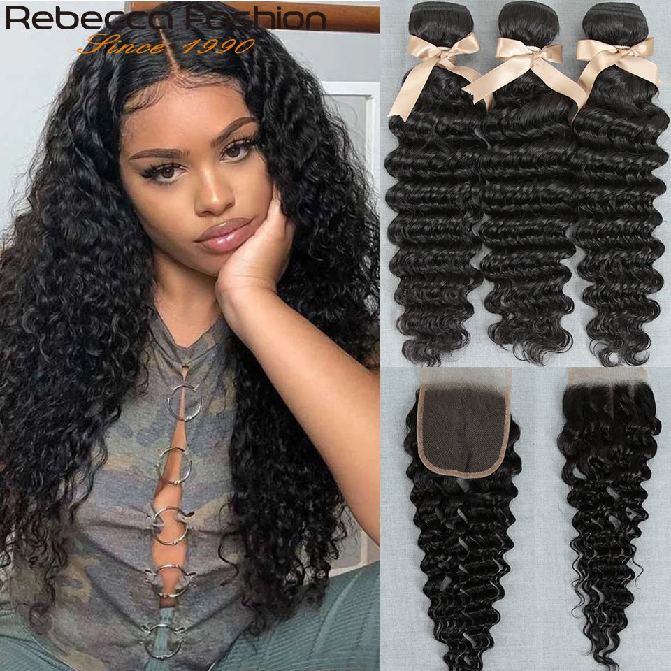 Rebecca Brazilian Deep Wave human hair bundles with transparent lace closure, featuring deep curly Remy human hair from HSF Marketplace.