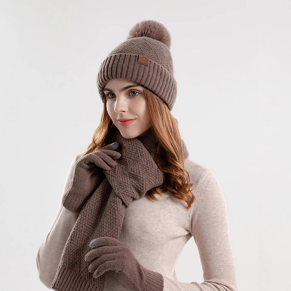 Women's winter beanie hat, scarf and gloves set, 3-piece cold-weather accessories collection
