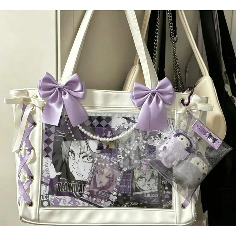 Cute Japanese ribbon ita bag, aesthetic transparent tote handbag for girls by HSF Marketplace