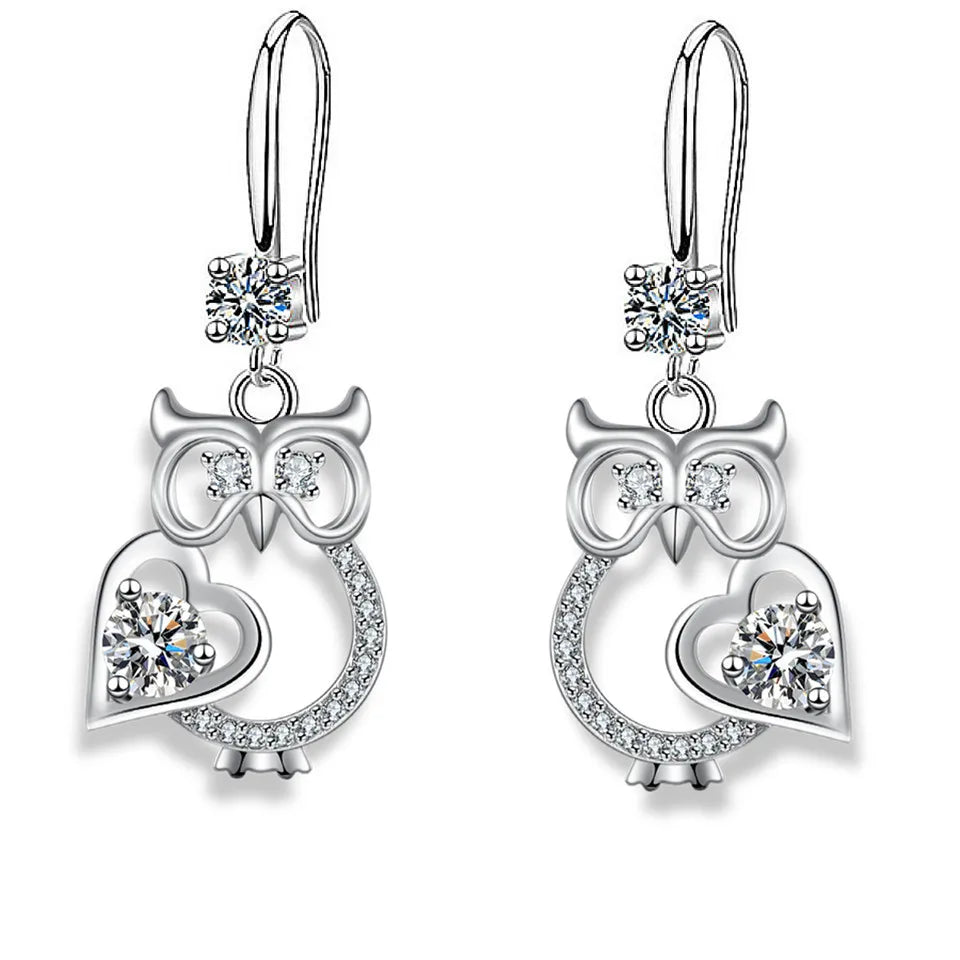 Cute silver owl drop earrings for women with colorful zircon accents by HSF Marketplace