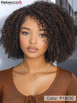Highlight Short Kinky Curly Bob Wig for women, Brazilian Remy human hair with bangs, 200% density, easy wear from HSF Marketplace.