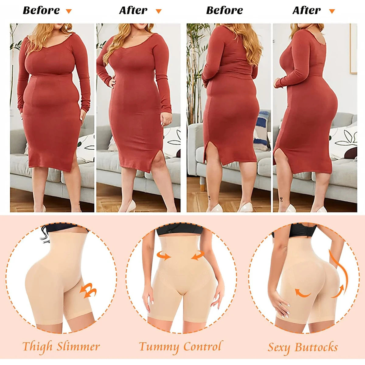 Women’s high-waisted tummy control shapewear shorts by HSF Marketplace for thigh slimming under dresses