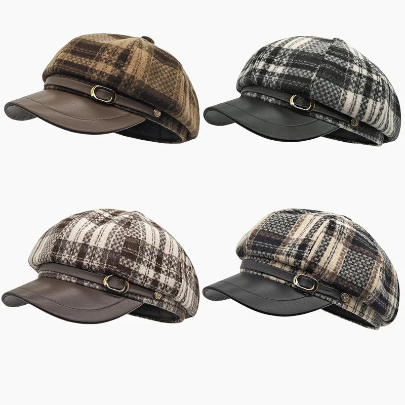 Women's plaid octagonal newsboy cap in vintage wool blend by HSF Marketplace