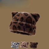 Women's leopard print plush teddy bear hooded beanie hat, thick and warm retro style