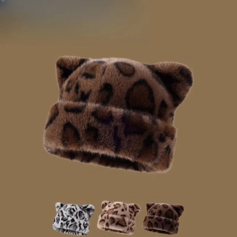 Women's leopard print plush teddy bear hooded beanie hat, thick and warm retro style