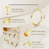 14K chunky gold plated hollow tube hoop earrings with 925 sterling silver posts, 4mm thick and lightweight