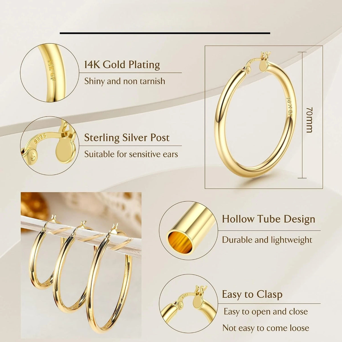 14K chunky gold plated hollow tube hoop earrings with 925 sterling silver posts, 4mm thick and lightweight