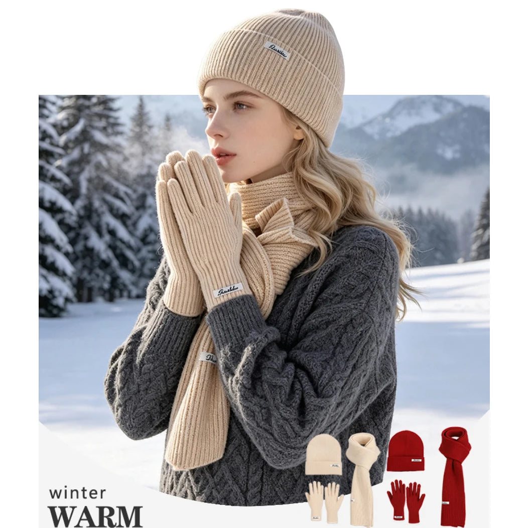 Winter knitted beanie, scarf and touchscreen gloves set in coordinated cold-weather accessories by HSF Marketplace