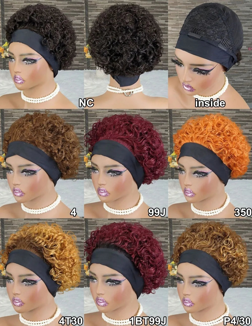 Colored curly pixie cut human hair headband wig for women, full machine-made Brazilian virgin hair, glueless style