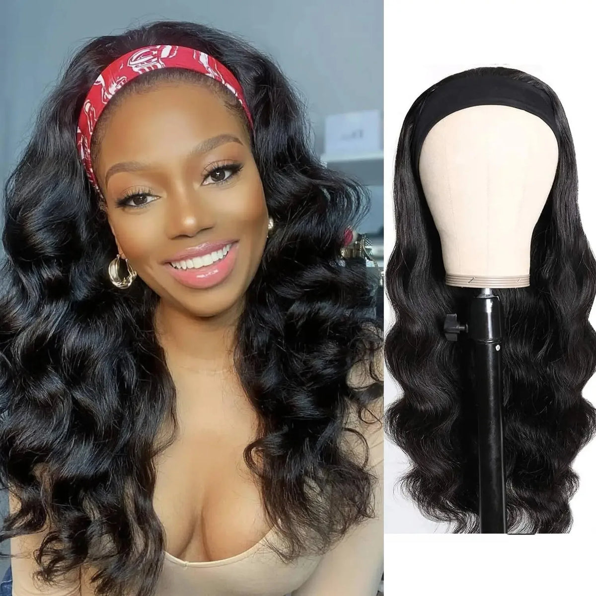 30-inch 200% density body wave human hair headband wig for Black women, machine-made wear-and-go style