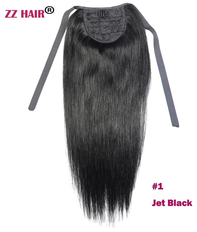 ZZHAIR Brazilian Remy human hair ribbon ponytail, 16–20 inch natural straight horsetail clip-in extension
