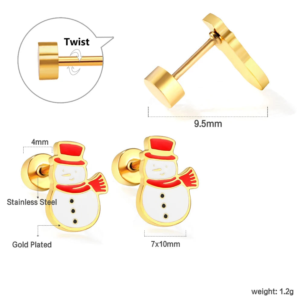 HSF Marketplace stainless steel Christmas tree, deer head and snowman stud earrings for girls, holiday jewelry