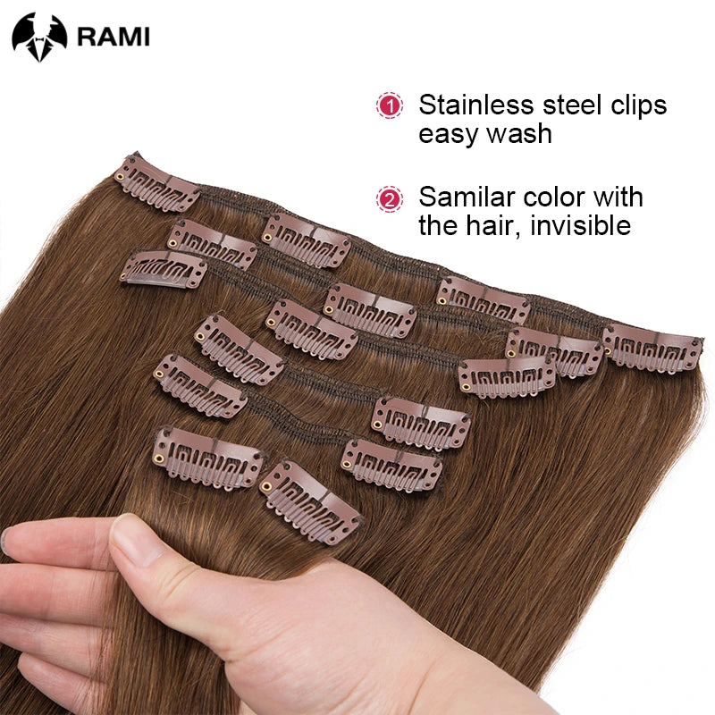7-piece clip-in 100% human hair extensions, natural straight Remy hair weft in 12–26 inch lengths