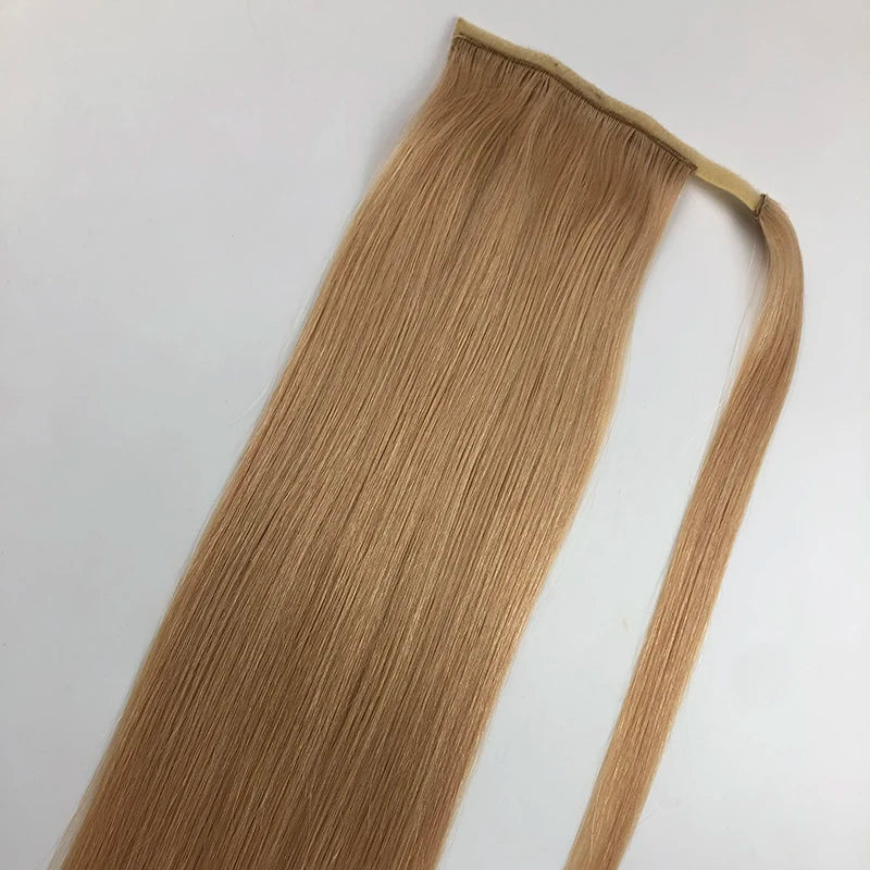 Ponytail human hair P18-1001 wrap-around hair extension in natural blonde tone, 60g–100g weight