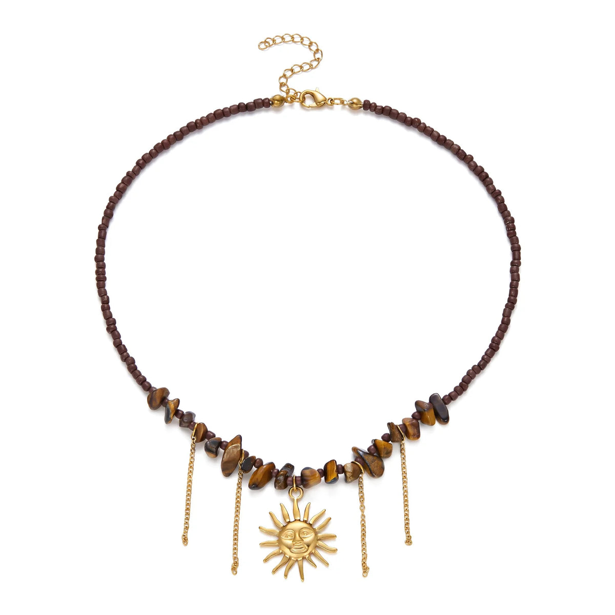 Gold plated tiger eye stone sun necklace for women, stainless steel choker chain, waterproof and tarnish-free jewelry.