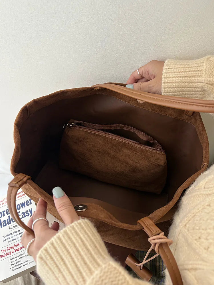 Large capacity faux suede handbag for women, stylish tote in a spacious design by HSF Marketplace