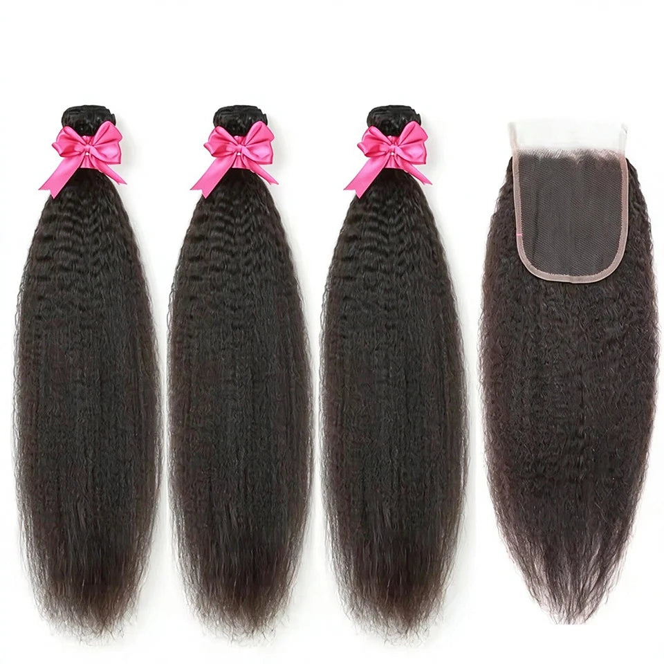 Peruvian Kinky Straight Hair Bundles With 4x4 Closure 100% Remy Human Hair Extension 1 2 Bundles With Closure Weave Bundles M