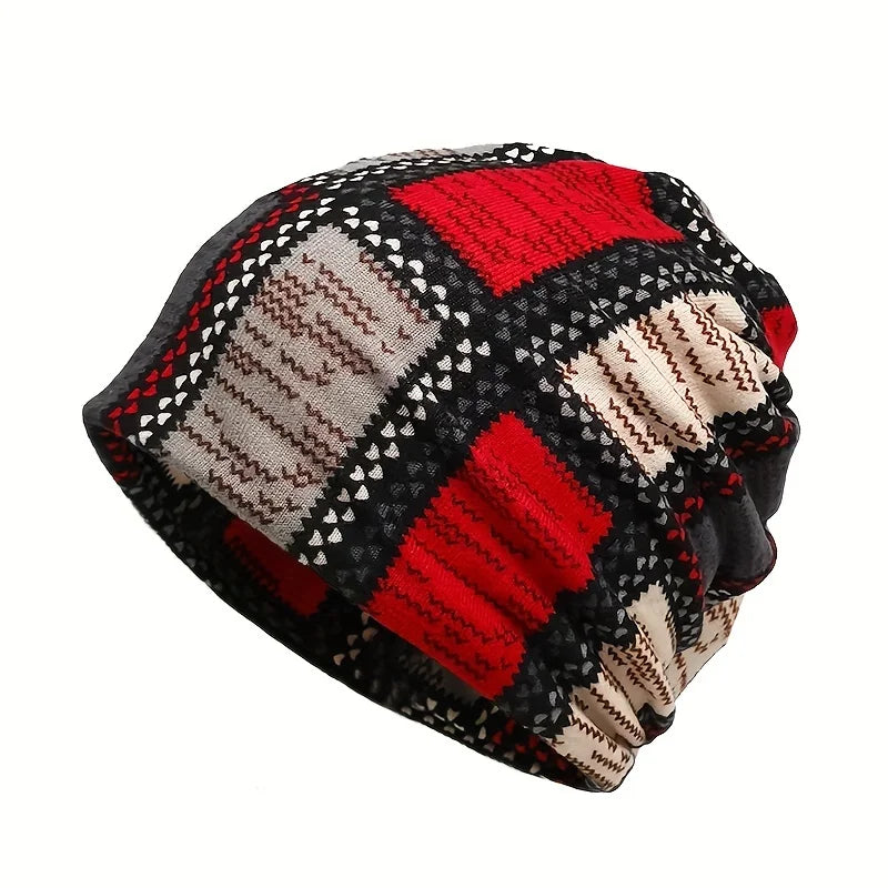Women's vintage printed beanie hat for autumn and winter, cozy textured knit design by HSF Marketplace