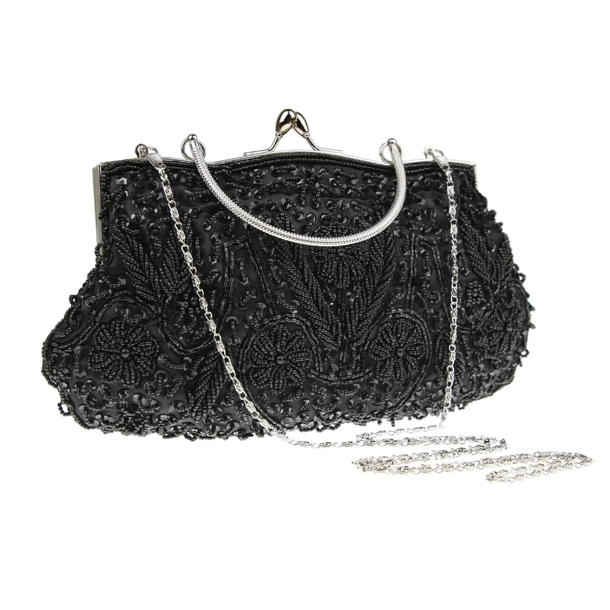 Women's retro small tote evening bag with beaded embroidery and shoulder chain, perfect for weddings and parties.