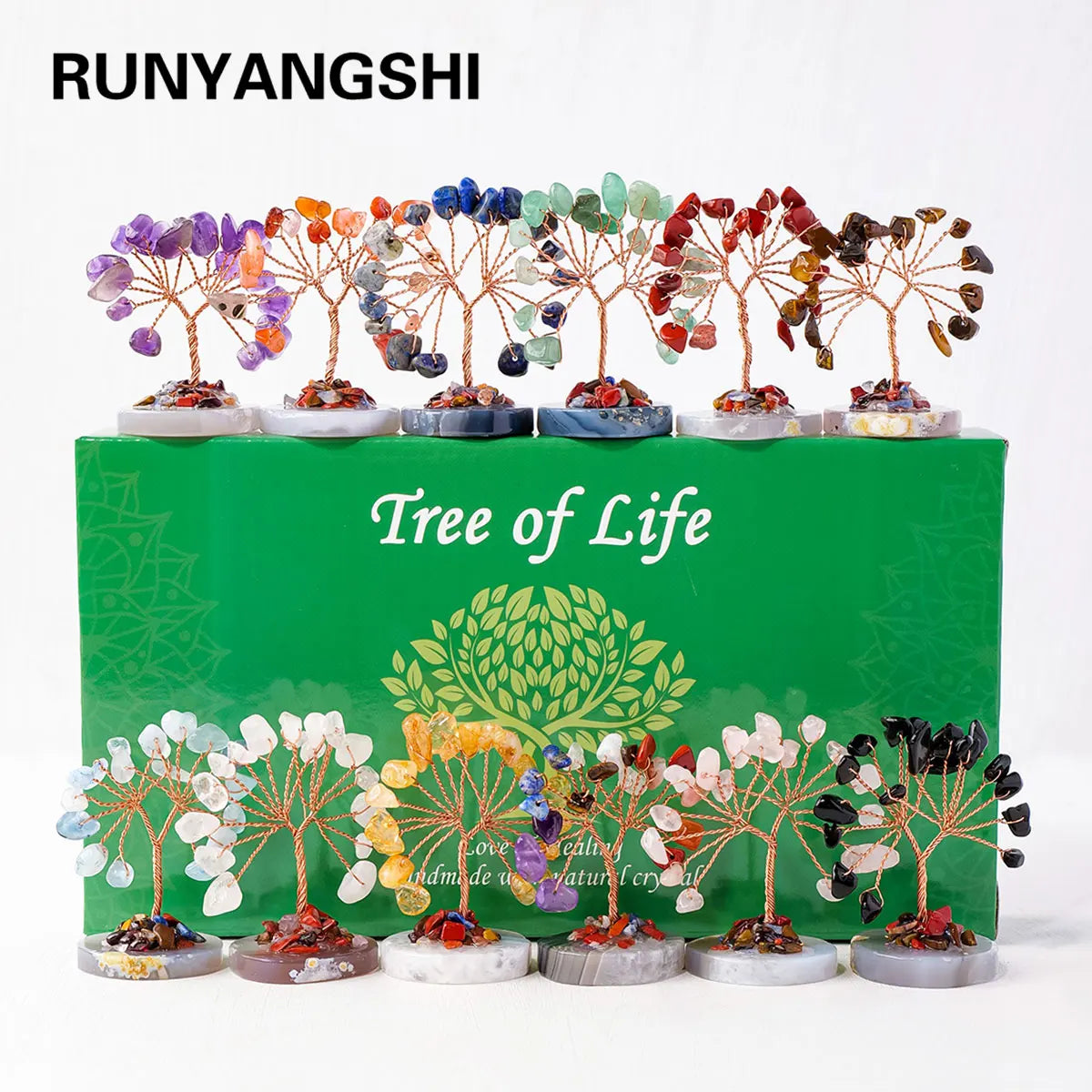 12pcs/box Natural Gemstone Crystal Chakela Lucky Tree With Agate Base Home Office Desk Living Room Crystal Decor Mini Sized Home
