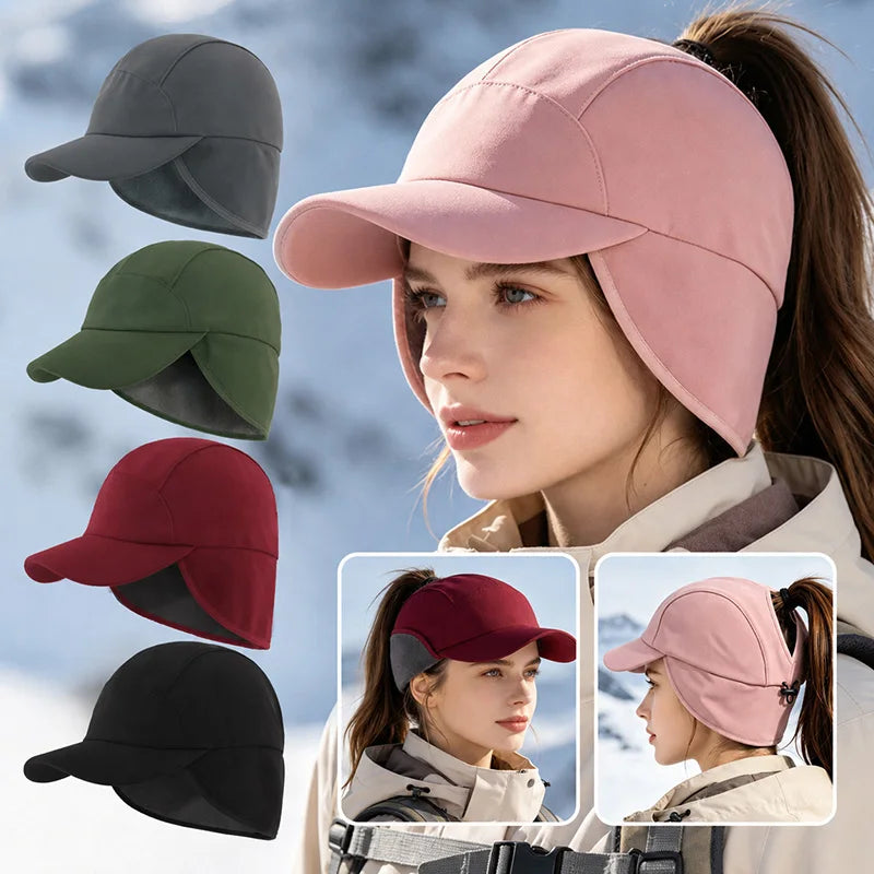 Women's winter baseball cap with ear flaps, ponytail opening and fleece lining by HSF Marketplace
