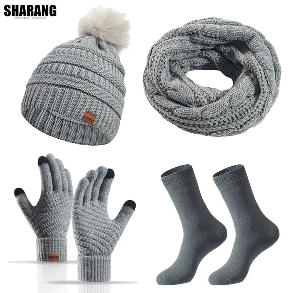 Women's and girls' warm winter hat, scarf, and gloves set in coordinated cold-weather knit styles