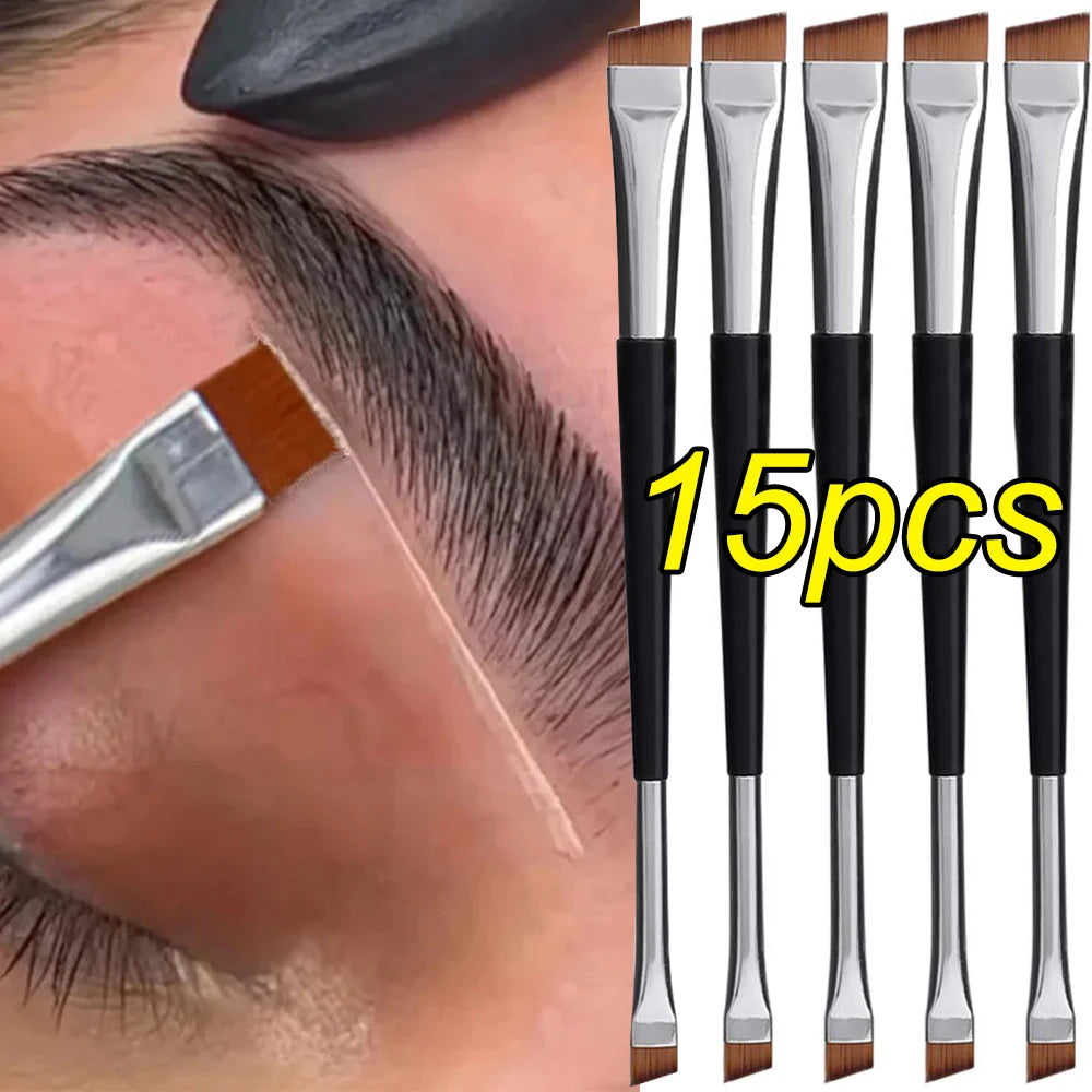 Set of 15 professional makeup brushes including eyebrow, eyeliner, and contour brushes with dual-head design for precise application.
