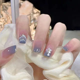 24-piece pink French short square press-on false nails with glitter flower design by HSF Marketplace