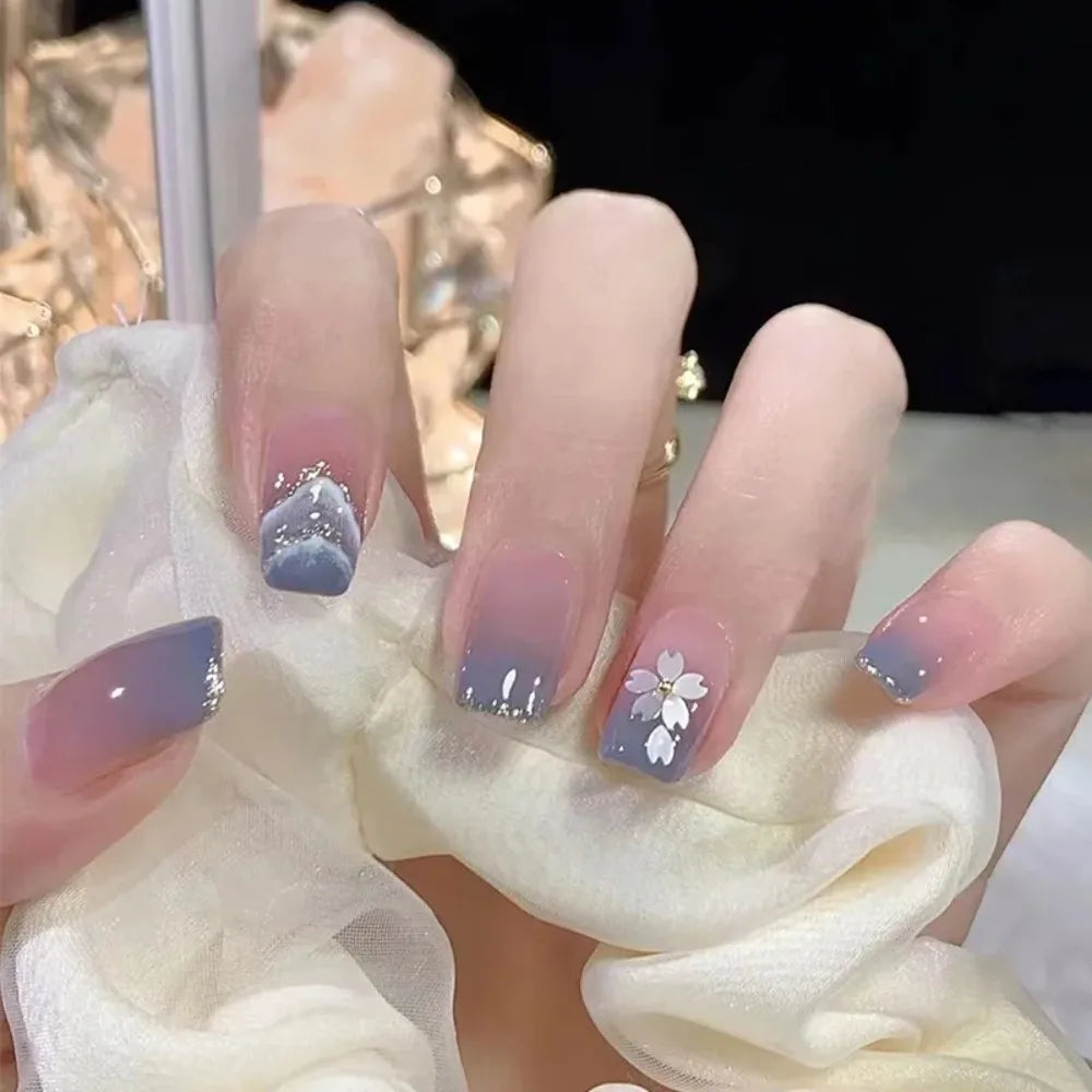 24-piece pink French short square press-on false nails with glitter flower design by HSF Marketplace
