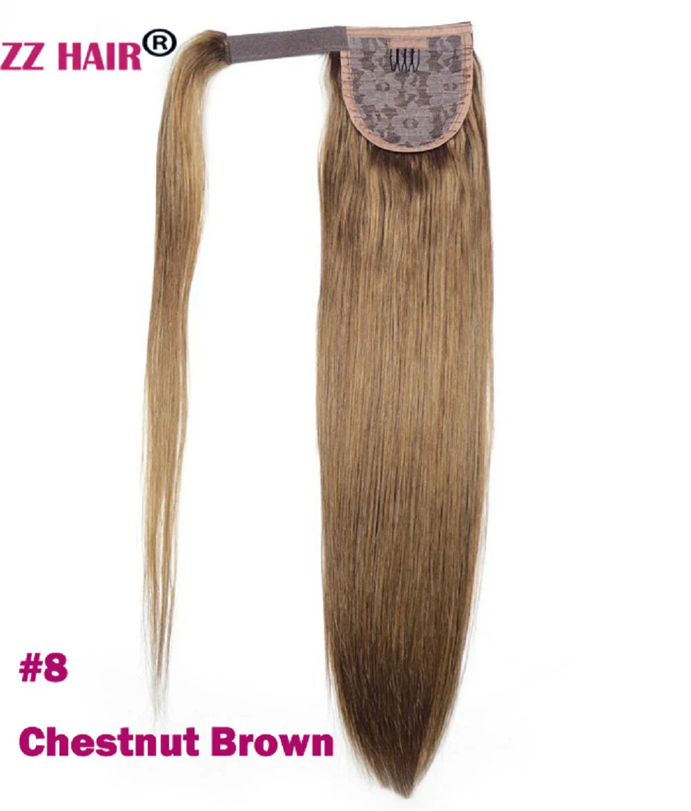 ZZHAIR 100% human hair straight wrap-around ponytail extension, machine-made Remy clip-in style 16-28 inches
