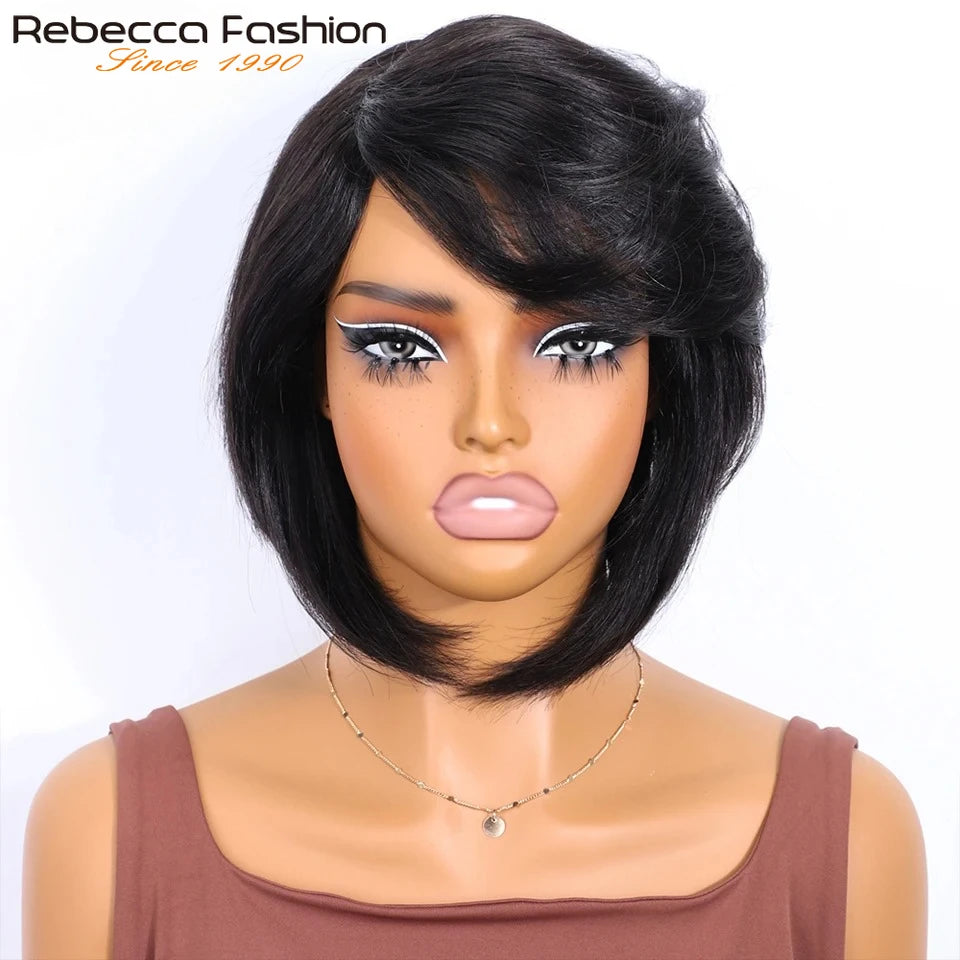 Rebecca Brazilian short straight bob human hair wig with bangs, side part, full machine-made, designed for black women.