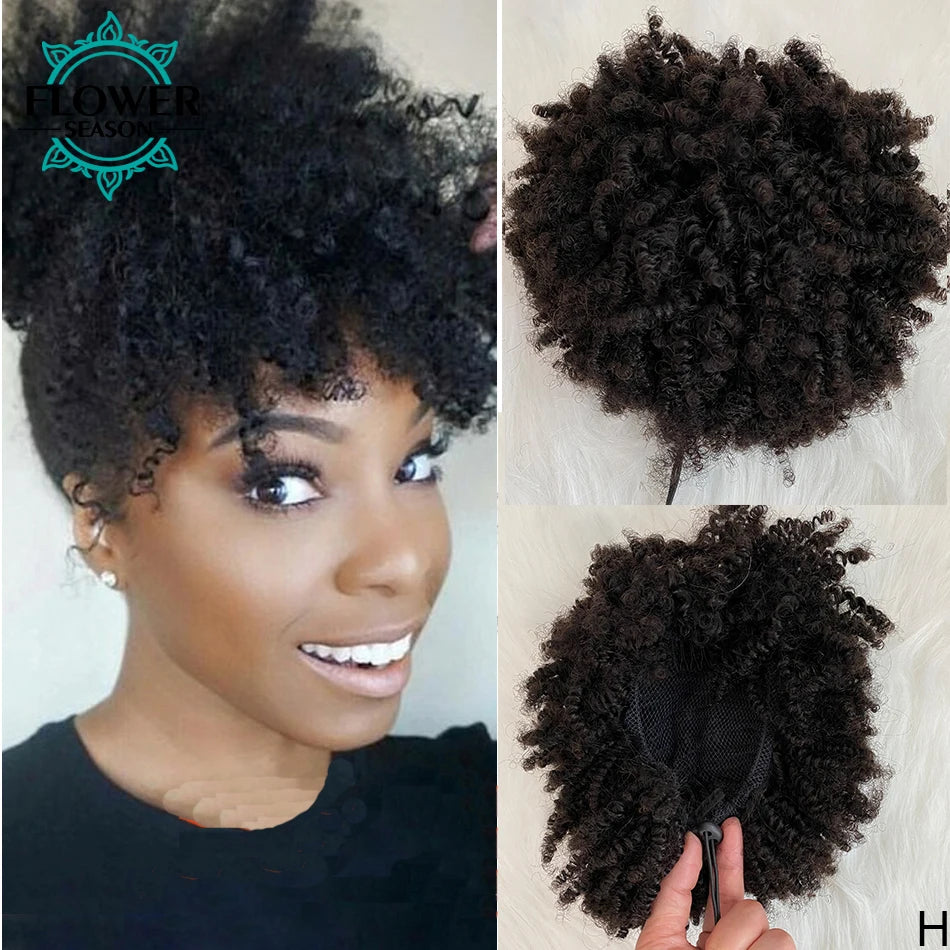 HSF Marketplace Afro kinky curly drawstring ponytail human hair extension, 3C 4A natural black hairpiece