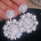 Korean oversized pearl drop earrings with rhinestone flowers for women by HSF Marketplace