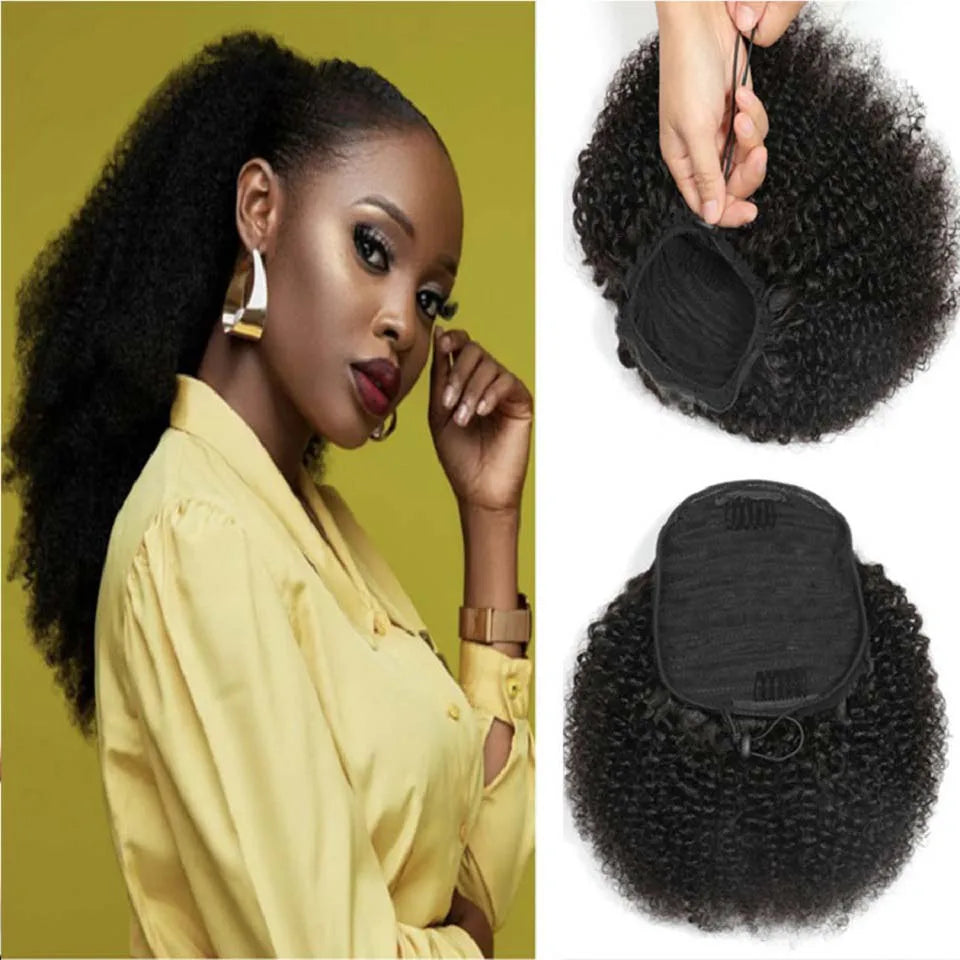 Human hair afro kinky curly drawstring ponytail extension with clips and wrap, natural fluffy texture