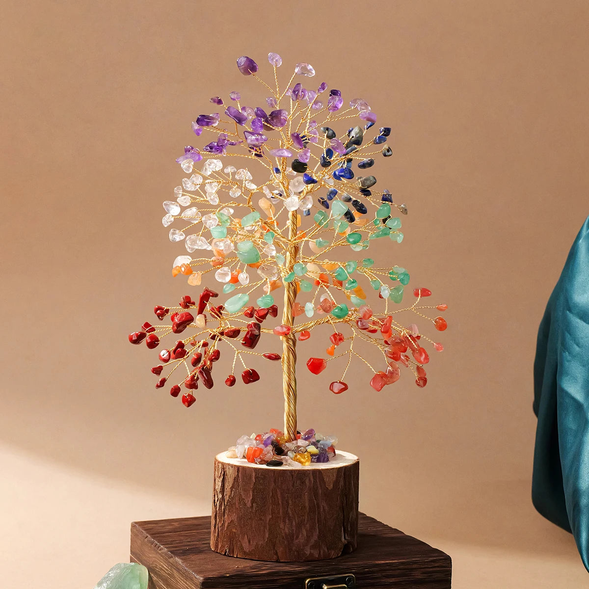 1pc Natural Crystal Fortune Chakra Tree of Life Wooden Base Christmas Home Decoration Desktop Ornament Holiday Gift