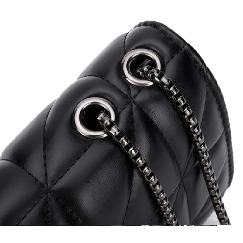 Fashionable women's quilted leather shoulder bag with diamond grid embroidery and a buckle chain detail, mini crossbody purse.