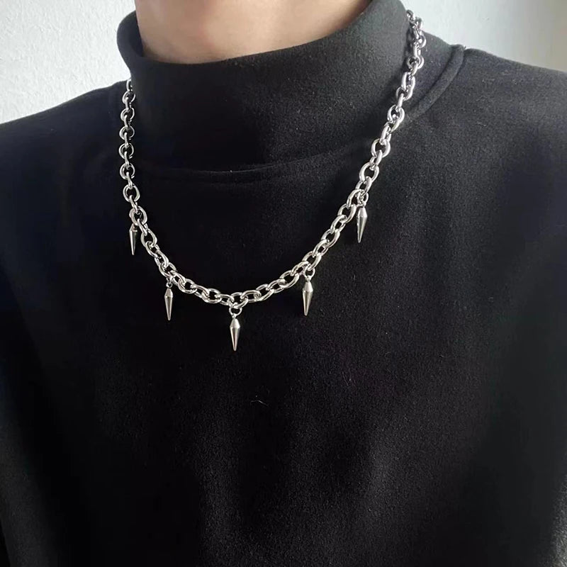 Stainless steel punk aesthetic stud choker necklace with rivet pendant, Gothic jewelry for men and women, hip hop style accessory