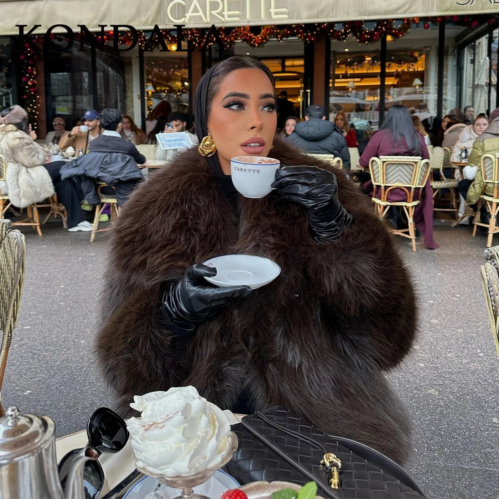 Brown faux fur women’s warm jacket by HSF Marketplace for elegant casual style