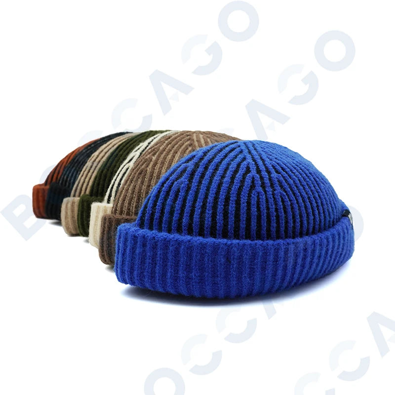 Women's thick striped knitting docker cap warm winter beanie with letter label by HSF Marketplace